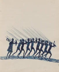 Kwat Kwat people - (domorodci vracející se z lovu) Skicář hlavně o aktivitách domorodců a bělochů